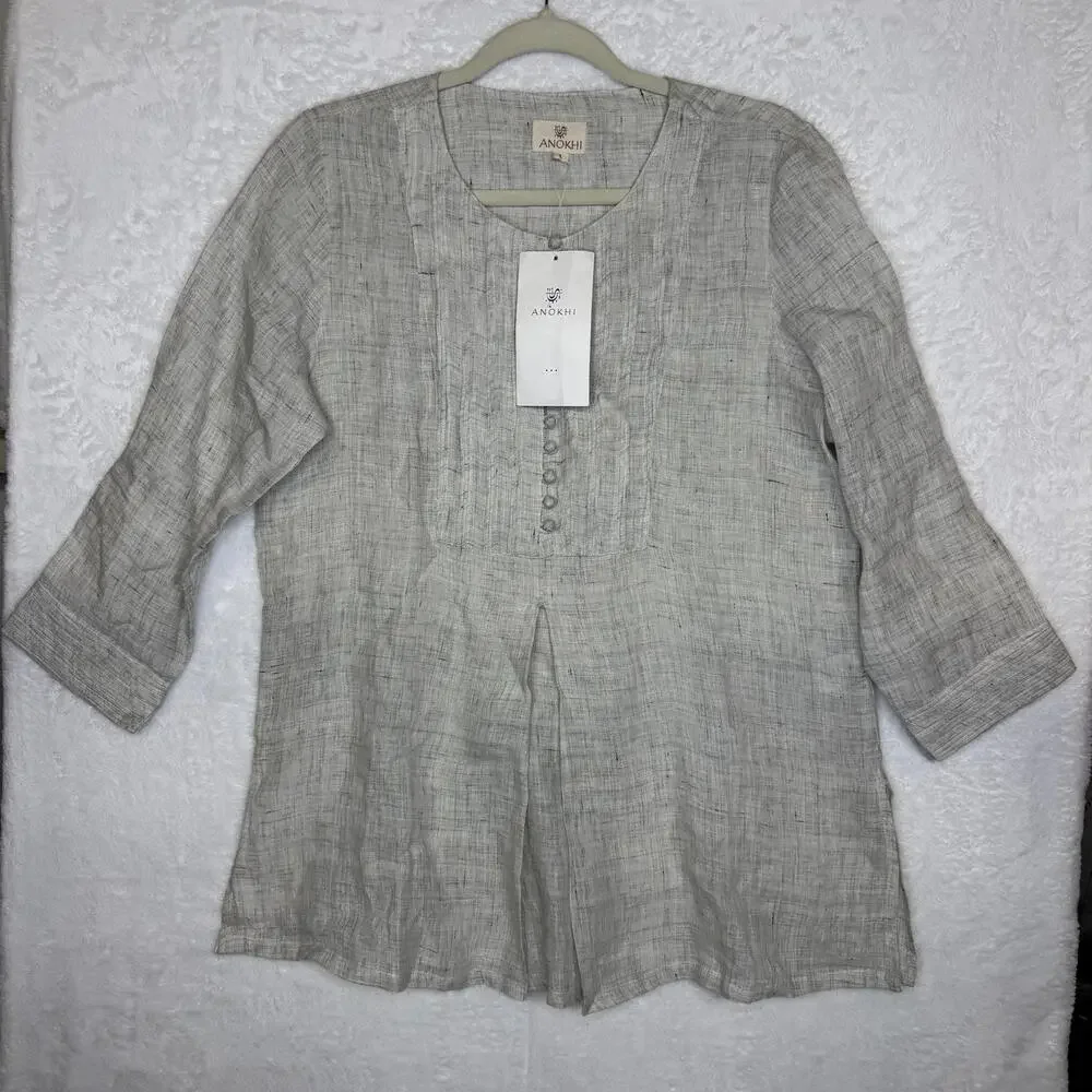 Anokhi Blouse Womens Large Gray Linen Pleated Tunic 3/4 Sleeve Button Front